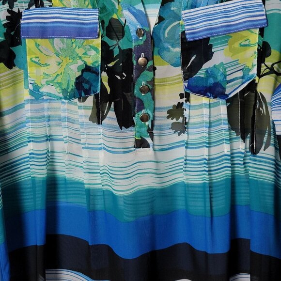 Cocomo Womens Blue Floral Striped Artsy 3/4 Sleeves Sheer Top Petite Large - Picture 8 of 9